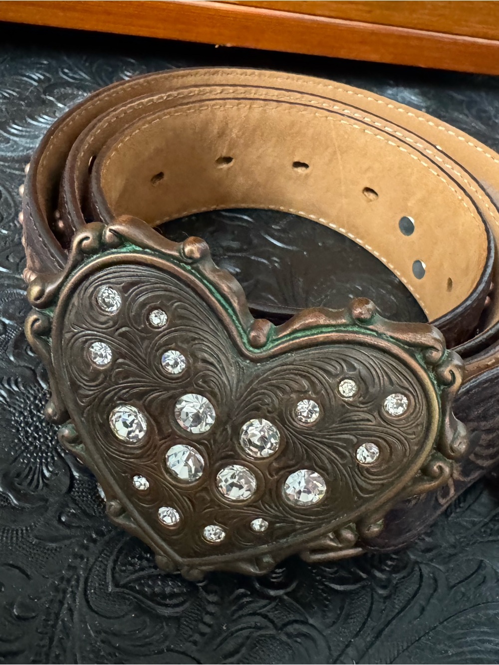 Justin Boots Dark Brown Leather Belt with Heart Crystal Buckle